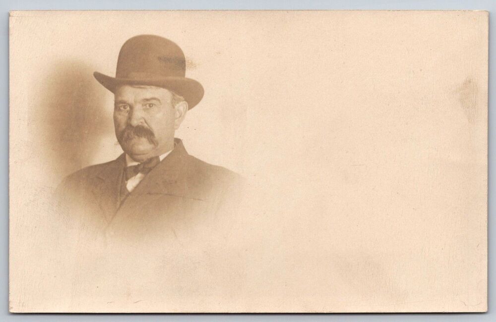 Antique RPPC Postcard Man Bowler Hat Mustache Portrait PMO 4 Triangles Arrows Up